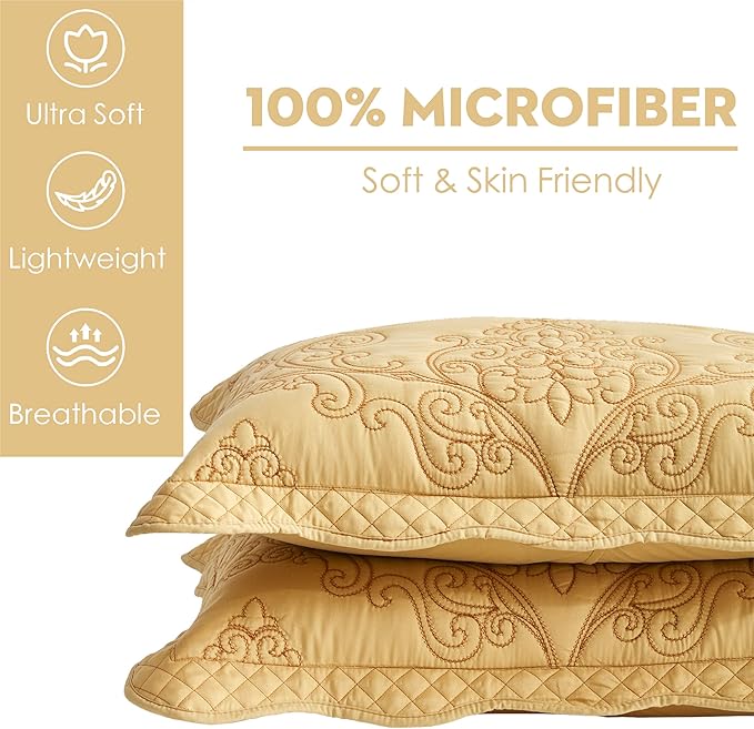 CHIXIN Microfiber Standard Pillow Shams Set of 2 - Decorative Quilted Pillow Covers - Honey-Gold - Size (20" x 26")