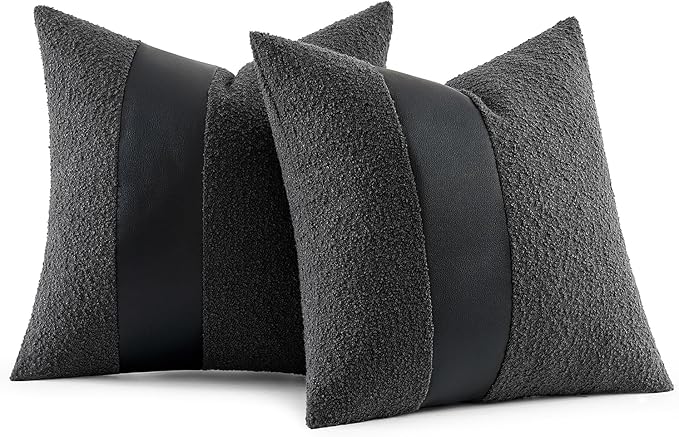 MIULEE Boucle Throw Pillow Covers 18x18 Inch Set of 2 Black Faux Leather Textured Decorative Pillow Cases Boho Farmhouse Accents Cushion Covers for Couch Bed Livingroom Home Decor