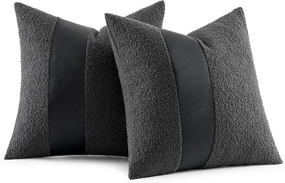 MIULEE Boucle Throw Pillow Covers 18x18 Inch Set of 2 Black Faux Leather Textured Decorative Pillow Cases Boho Farmhouse Accents Cushion Covers for Couch Bed Livingroom Home Decor
