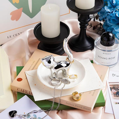 OSOPOLA Ceramic Silver Cat Jewelry Tray - Decorative Ring Holder Dish Key Tray Cute Jewelry Plate Trinket for Earrings,Necklaces,Women,Home Decor,Christmas Birthday Mother's Day Gifts HE02CT