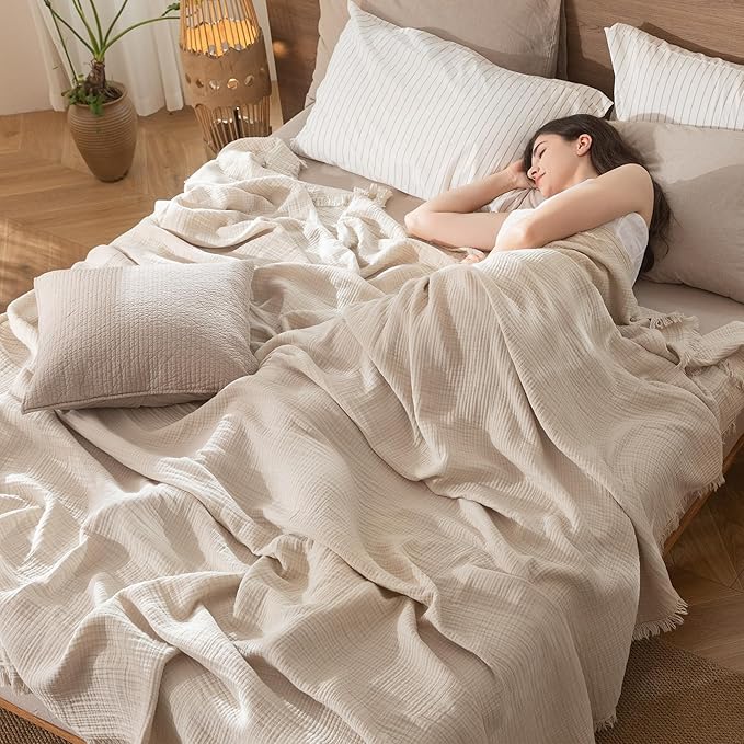 MooMee Muslin Blanket - 100% Cotton 4-Layer Gauze Throw Blanket with All-Around Fringe, Ultra-Soft Breathable Lightweight Cooling Decorative for Bed, Sofa & Couch (Cream Grey,King 104" x 90")