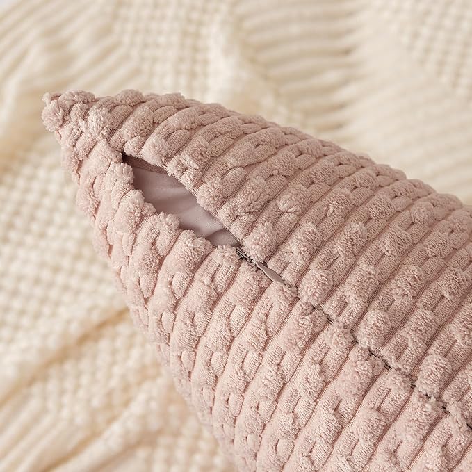 Kevin Textile Pack of 2 Corduroy Decorative Throw Pillow Covers 22x22 Inch Soft Boho Striped Pillow Covers Modern Home Decor Valentines Day Gifts for Spring Sofa Living Room Couch Bed Light Pink