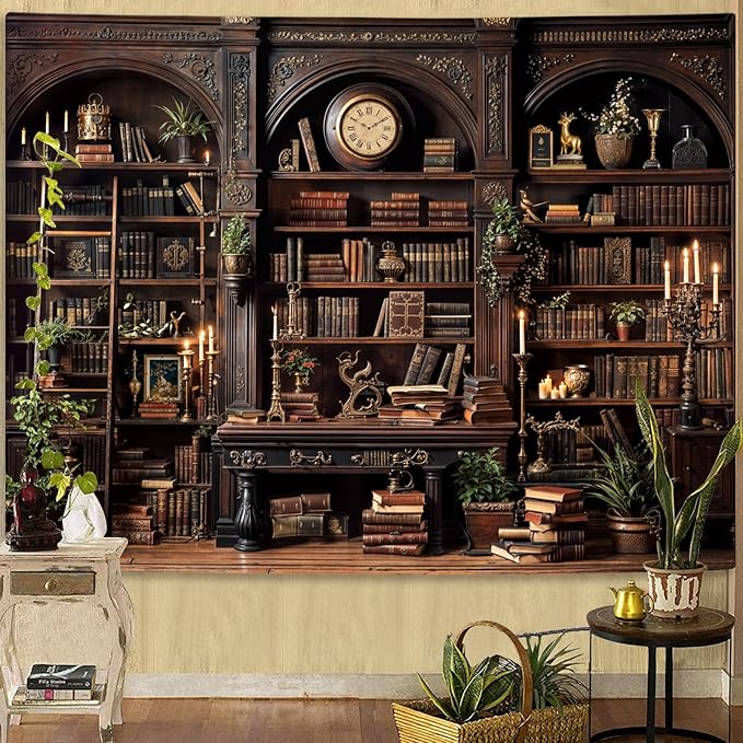 YEXIT Vintage Bookshelf Tapestriey, Retro Library backdrop Wall Tapestries, Old Books on Shelf Classical Study Room Living Room Dorm Bedroom 36×48 inch