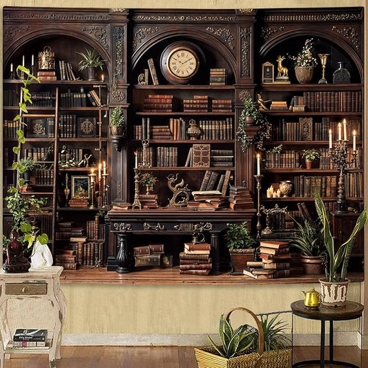YEXIT Vintage Bookshelf Tapestriey, Retro Library backdrop Wall Tapestries, Old Books on Shelf Classical Study Room Living Room Dorm Bedroom 36×48 inch