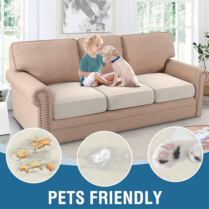 H.VERSAILTEX Fleece Couch Cushion Covers Stretch Couch Covers for 3 Cushion Couch Sofa Thick and Soft Couch Covers Washable (3 Piece Sofa Cushion Cover, Pale Oak)