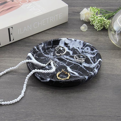 Small Natural Marble Jewelry Tray Key Plate Holder Dish Trinket Decor Catch All Bowl for Ring Earring Stone Gift for Women Daugther,Black