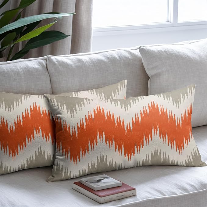 Fall Orange Grey Lumbar Pillow Covers 12x20 Set of 2 Abstract Chevron Striped Vitage Decorative Throw Pillows Outdoor Linen Farmhouse Pillowcase with Zipper Cushion Cover Decor for Home Sofa Couch Bed