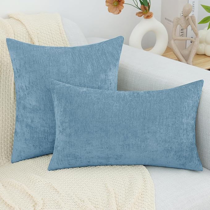 decorUhome Chenille Grey Blue Throw Pillow Covers 26x26 Inch Set of 2, Decorative Soft Couch Pillow Covers Solid Dyed Accent Farmhouse Neutral Square Pillow Cases for Sofa Bed Living Room