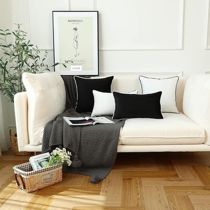 LIGICKY Set of 2 White Velvet Throw Pillow Covers Modern Minimalist Style Solid Decorative Black Rope Edging Soft Square Cushion Cases for Sofa Bedroom Party Décor, 26 x 26 inch