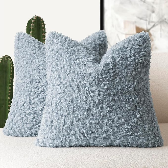 Foindtower 2 Pieces 16x16 Inch Misty Blue,Faux Fur Throw Pillow Cover Accent Sherpa Furry Pillow Covers Fuzzy Soft Pillowcases Cozy Sheepskin Decorative Fleece Cushion Case for Bed Couch Living Room