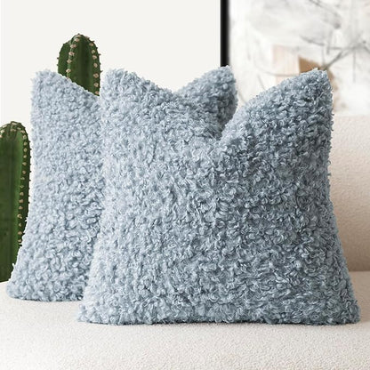 Foindtower 2 Pieces 16x16 Inch Misty Blue,Faux Fur Throw Pillow Cover Accent Sherpa Furry Pillow Covers Fuzzy Soft Pillowcases Cozy Sheepskin Decorative Fleece Cushion Case for Bed Couch Living Room