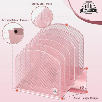Inclined Desk File Organizer, 5-Section Vertical File Folder Holder Stand Metal Rack File Sorter for Office Classroom Desktop Organization (Pink, 2Pack)