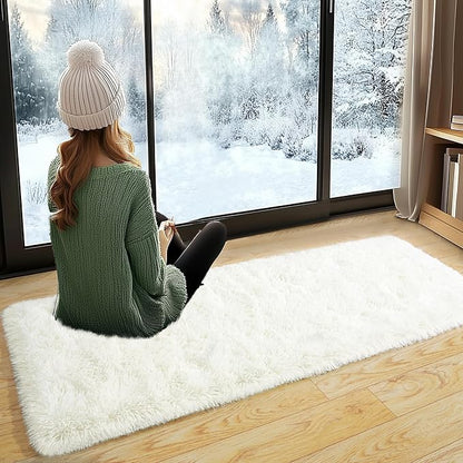 Fluffy Runner Rugs for Bedroom Hallways, 2x6 Runners for Hallways Fluffy Shag Throw Area Rug Non Slip for Bedside Dorm, Shag Rugs for Girls Boys Bedroom, Floor Carpet Runner for Kids Dorm, Cream White