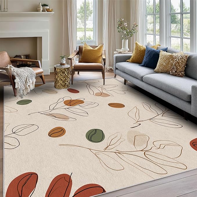 Bohemian Rug, Large 8x12 Area Rugs Modern Simple Abstract Line Art Leaf Pattern for Living Room, Bedroom, Bohemian Home Decor Accessories Indoor Carpet, Non Slip & Machine Washable