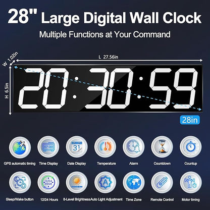 Large Digital Wall Clock 28" with GPS Auto-Sync, Remote Control & Timer, Wall-Mounted for Classroom, Office, Gym, Conference Room