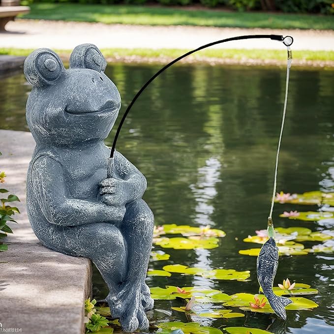 9.5" Frog Fishing Garden Sculptures & Statues, Stone Look Sculpture, Whimsical Lawn Yard Art, Funny Pond Fisherman Statue, Resin Animal Decorative Figurine, for Frog Fishing Lovers