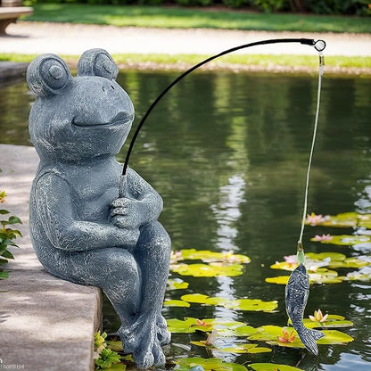 9.5" Frog Fishing Garden Sculptures & Statues, Stone Look Sculpture, Whimsical Lawn Yard Art, Funny Pond Fisherman Statue, Resin Animal Decorative Figurine, for Frog Fishing Lovers