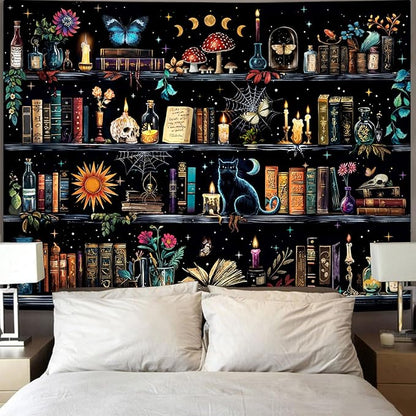YEXIT Magic Bookshelf Tapestry, Witches & Skulls Gothic Wall Tapestries Black Cat for Study Room Living Room Dorm Bedroom 60×80 inch