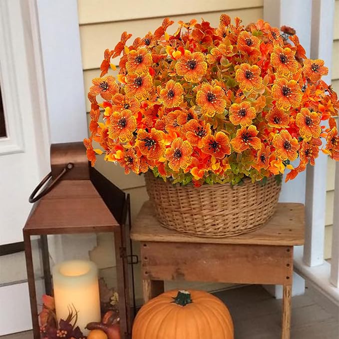 Artificial Fall Flowers for Outdoors,Faux Silk Flowers Fall Decorations,Fake Mums Eucalyptus Plants Christmas Halloween Decor for Outdoor Patio,Window Planter Autumn Fall Decor(10PCS,Orange)