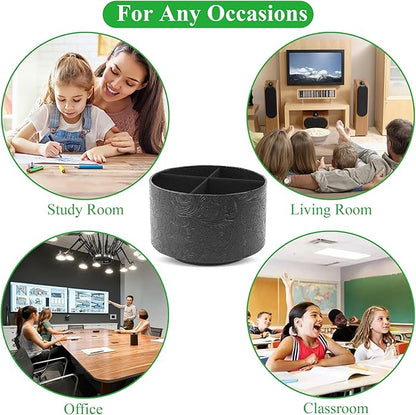 lizimandu Round Leather Art Supply Organizer,Remote Control Holder,360 Degree Spinning,Multi-Functional Pencil Holder,4 Compartments Desktop Stationary Organizer(1-Black2)