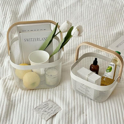 Metal Mesh Wire Basket, Mini Steel Basket with Wooden Handle Storage Organizer Basket Multi-functional Hanging Kitchen Baskets Fruit Baskets for Kitchen Bathroom Cabinet Pantry Snacks, White