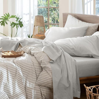 MooMee Bedding Sheet Set 100% Washed Cotton Linen Like Textured Breathable Durable Soft Comfy (Solid Light Blueish Grey, Queen)