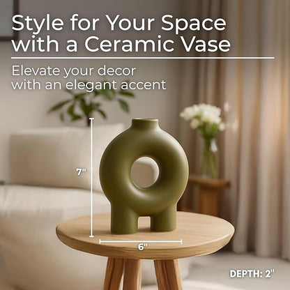 Modern Geometric Ceramic Vase – Stoneware Flower Holder with Unique Circular Design – Decorative Accent for Home Decor, Living Room, Bedroom, Office, Shelf & Table Display – 7", Olive Color