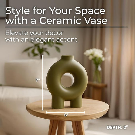Modern Geometric Ceramic Vase – Stoneware Flower Holder with Unique Circular Design – Decorative Accent for Home Decor, Living Room, Bedroom, Office, Shelf & Table Display – 7", Olive Color