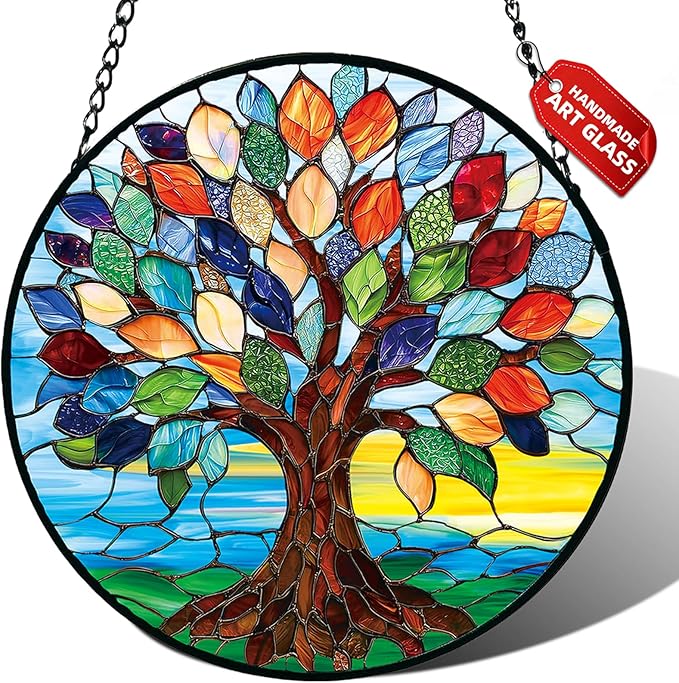 Stained Glass Window Hanging, Colorful Tree of Life Suncatcher for Door Home Decor, Glass Panel Sunrise Sun Catcher Ornament Mother's Day Birthday Gifts for Women Men Mom 6.3 in