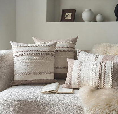 Boho Throw Pillow Covers 20x20 Inch Set of 2, Khaki Textured Decorative Couch Pillow Cases for Farmhouse Home Decor, Accent Cushion Cover for Sofa, Bed, Living Room, Bedroom