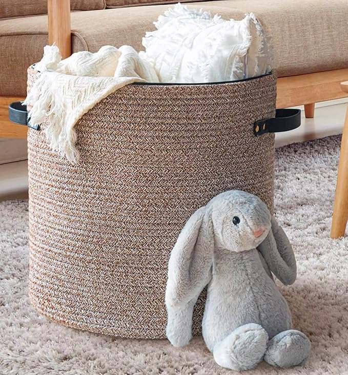 Cotton rope Storage Basket with Zipper cover & Woven baskets with Lid easy to move Multi-Purpose Storage Basket for Living Room, 13 x14 inches(Brown)