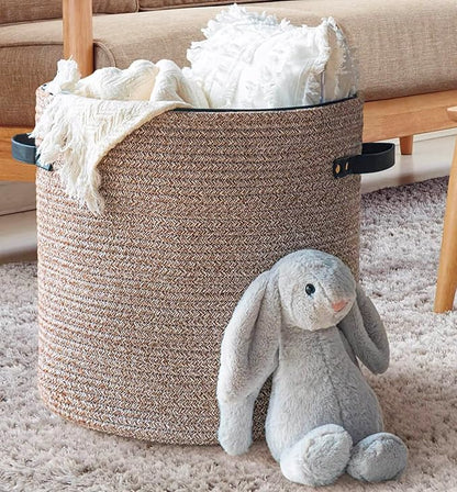 Cotton rope Storage Basket with Zipper cover & Woven baskets with Lid easy to move Multi-Purpose Storage Basket for Living Room, 13 x14 inches(Brown)