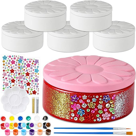 Teenyyou 15 Pcs 6 Sets Paint Your Own Ceramic Jewelry Box Painting DIY Craft Set Unfinished Dasiy Treasure Box with 2 Strips of Paints 2 Brushes 1 Palette 2 Diamond Stickers 2 Glitters