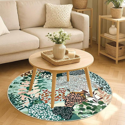 DEXDE Round Rug 4ft Washable Circle Area Rugs, Non Slip Low Pile Boho Floral Small Circular Carpet for Bedroom Bathroom Entryway Kids Room Office Dining Room, Dark Green