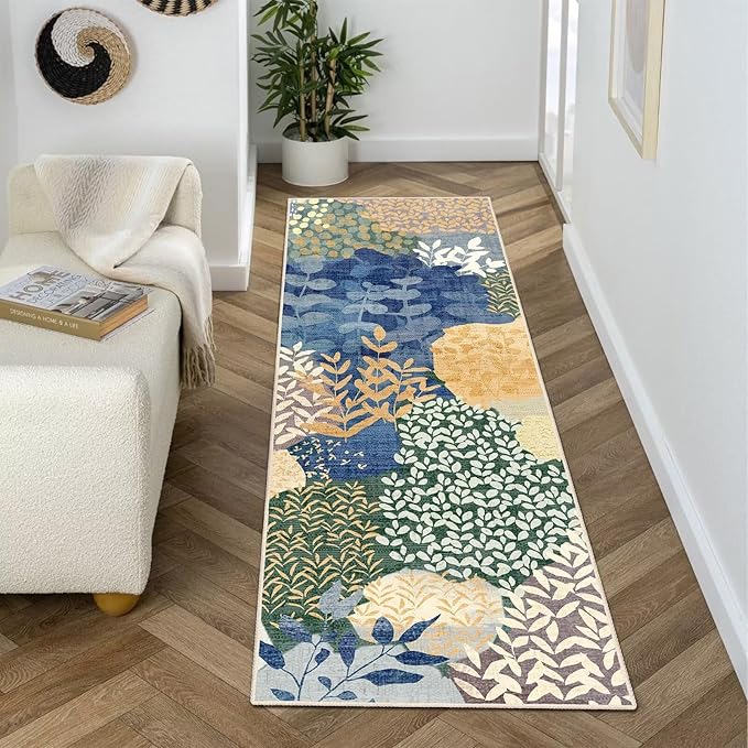 DEXDE Runner Rug 2x6 Washable Hallway Boho Soft Area Rugs Abstract Long Non Slip Botanical Leaves Floral Print Carpet for Entryway, Kitchen, Laundry, Bathroom, Bedroom,Blue