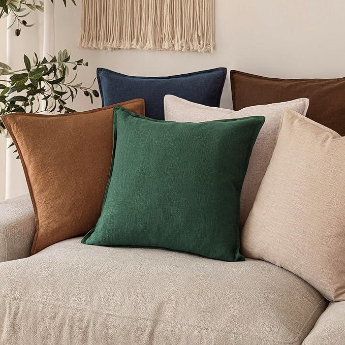 Foindtower Set of 2, Decorative Linen Soild Throw Pillow Covers Soft Accent Euro Cushion Case Farmhouse Neutral Pillowcase for Chair Couch Sofa Bedroom Living Room Home Decor 24 x 24 Inch Pine Green