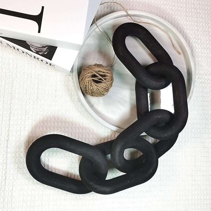 Decor Wood Knot, Home Shelf Decor, Wood Chain 3 Link Decor, Hand Carved Home Decorations for Living Room, Farmhouse Coffee Table Decor (5-Ring Black)