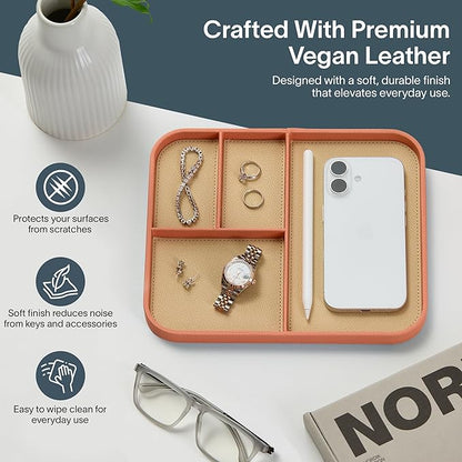 Nordik Leather Valet Tray - Coral Blush Pink - 9.5 x 7.9 Inch Medium Vegan Leather Tray - Stylish Nightstand Organizer for Men - Modern Bedside Caddy - EDC Catchall for Key Watch Wallet Jewellery