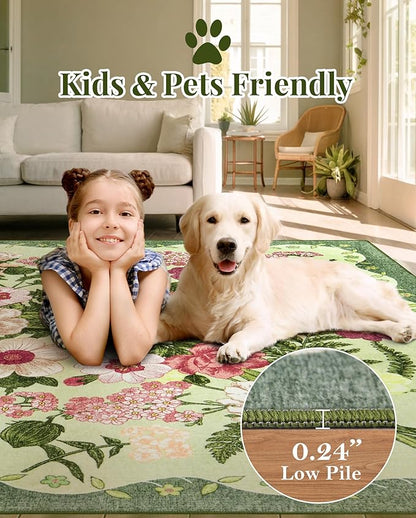 Floral Area Rug Living Room - 8x10 Washable Rugs Low Pile Non-Slip Soft Bedroom Rugs Under Bed Stain Resistant Accent Indoor Vintage Carpet for Dining Room Nursery Home Office Decor, Green