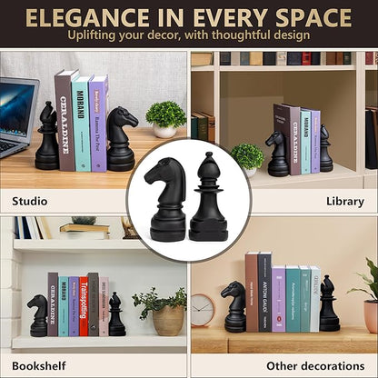 Chess Book Ends for Shelves – Elegant Decorative Bookends for Heavy Books, Office & Living Room Decor – Modern Shelf Organizer and Gift for Book Lovers by ROOKMATE (Matte Black, Légal’s Mate)