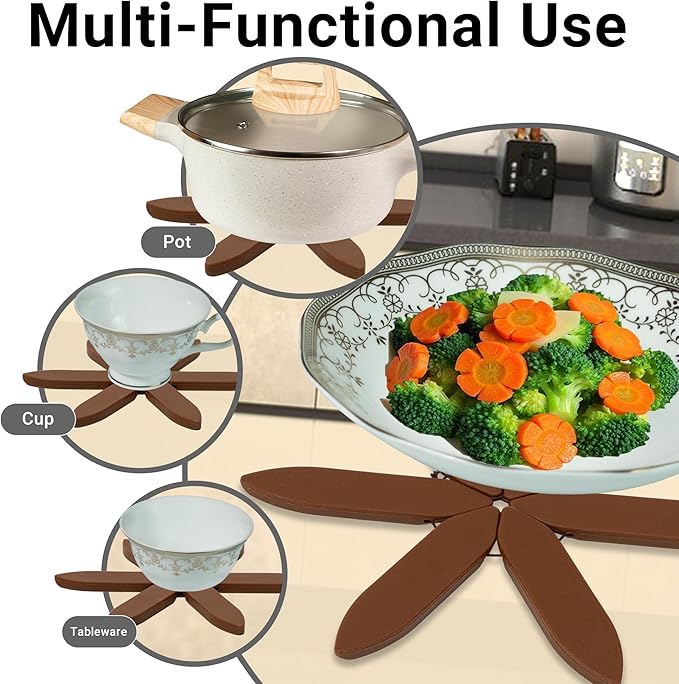Silicone Trivets Mat Set for Hot Dishes - Tree Trivets with Stand - Hot Pads Pot Holders for Kitchen (Brown)