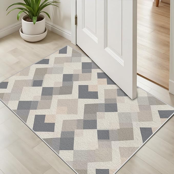 Modern Area Rug Living Room Rugs 3x4, Minimalist Soft Boho Geometric Rug, Non-Slip Washable Low Pile Non Shedding Carpet for Bedroom Office Dining Room Kitchen Nursery, Gray Beige White