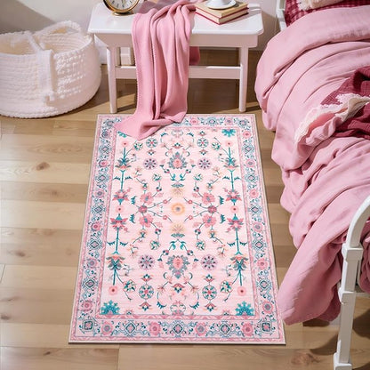 Tangsoo 3x5 Pink Small Area Rug for Bedroom Girls, Non Slip Washable Cute Floral Rug for Nursery Bedside, Soft Low Pile Front Door Carpet Indoor Entrance Inside House Bathroom Classroom Teen Room