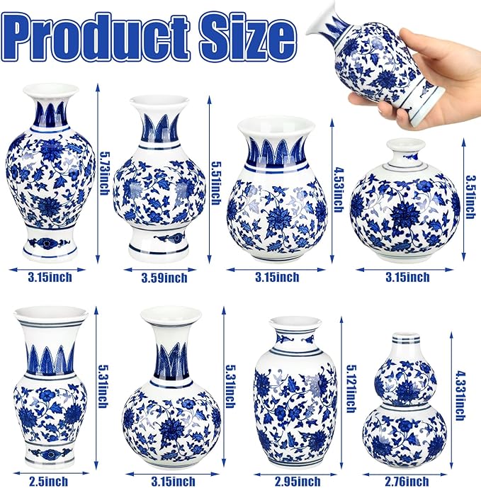 Dandat 8 Pcs Mini Chinoiserie Bud Vases Ceramic Blue and White Floral Chinese Porcelain Vase Set for Shelf Table Centerpieces Home Decor(Classic)