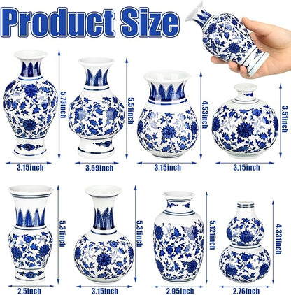 Dandat 8 Pcs Mini Chinoiserie Bud Vases Ceramic Blue and White Floral Chinese Porcelain Vase Set for Shelf Table Centerpieces Home Decor(Classic)
