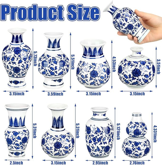 Dandat 8 Pcs Mini Chinoiserie Bud Vases Ceramic Blue and White Floral Chinese Porcelain Vase Set for Shelf Table Centerpieces Home Decor(Classic)