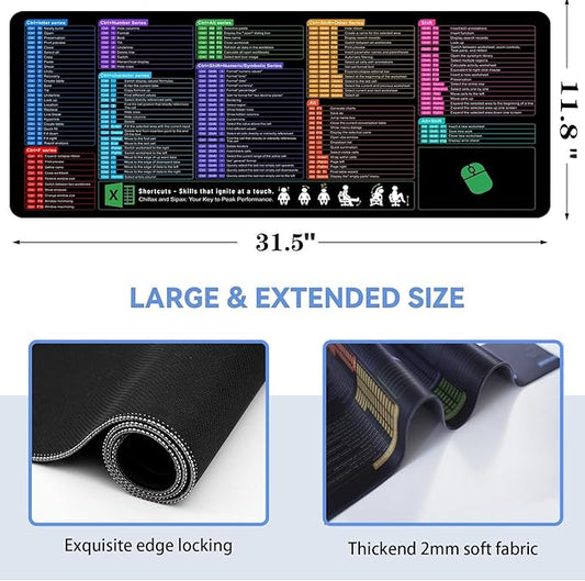 Excel Shortcut Keys Mouse Pad - Extended Large XL Cheat Sheet Gaming Mousepad | PC Office Basics Over 200 Keyboard Shortcuts Mat | Non-Slip Stitched Edge (31.5"x11.8")