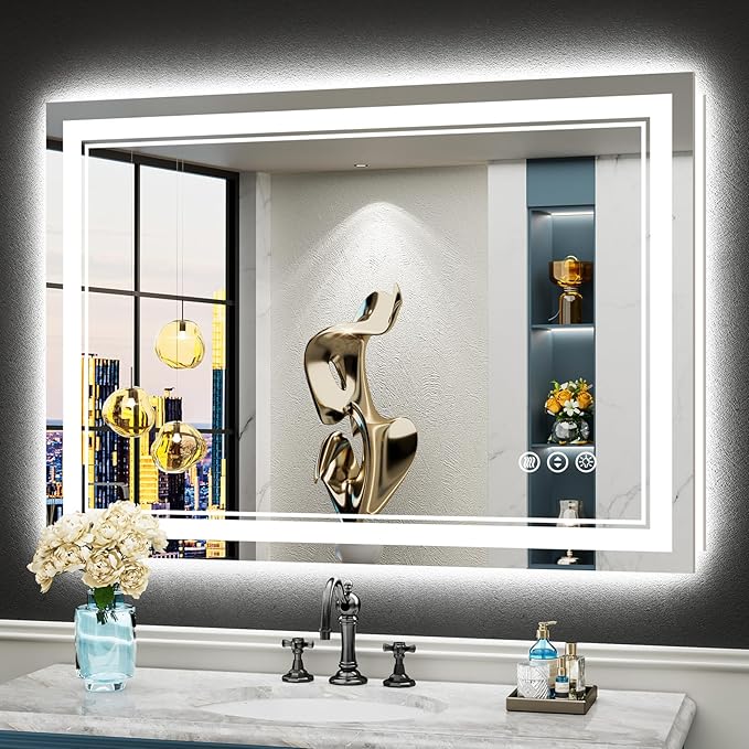 44x30 LED Bathroom Mirror with Lights, Backlit + Front Lit, Anti-Fog Lighted Vanity Mirror for Bathroom Wall with 3 Colors, Dimmable, Memory, Shatter-Proof Tempered Glass, Horizontal/Vertical