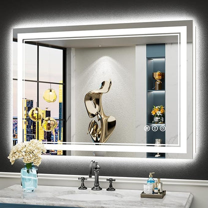 44x30 LED Bathroom Mirror with Lights, Backlit + Front Lit, Anti-Fog Lighted Vanity Mirror for Bathroom Wall with 3 Colors, Dimmable, Memory, Shatter-Proof Tempered Glass, Horizontal/Vertical