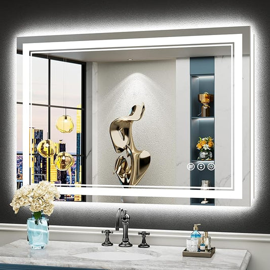 44x30 LED Bathroom Mirror with Lights, Backlit + Front Lit, Anti-Fog Lighted Vanity Mirror for Bathroom Wall with 3 Colors, Dimmable, Memory, Shatter-Proof Tempered Glass, Horizontal/Vertical